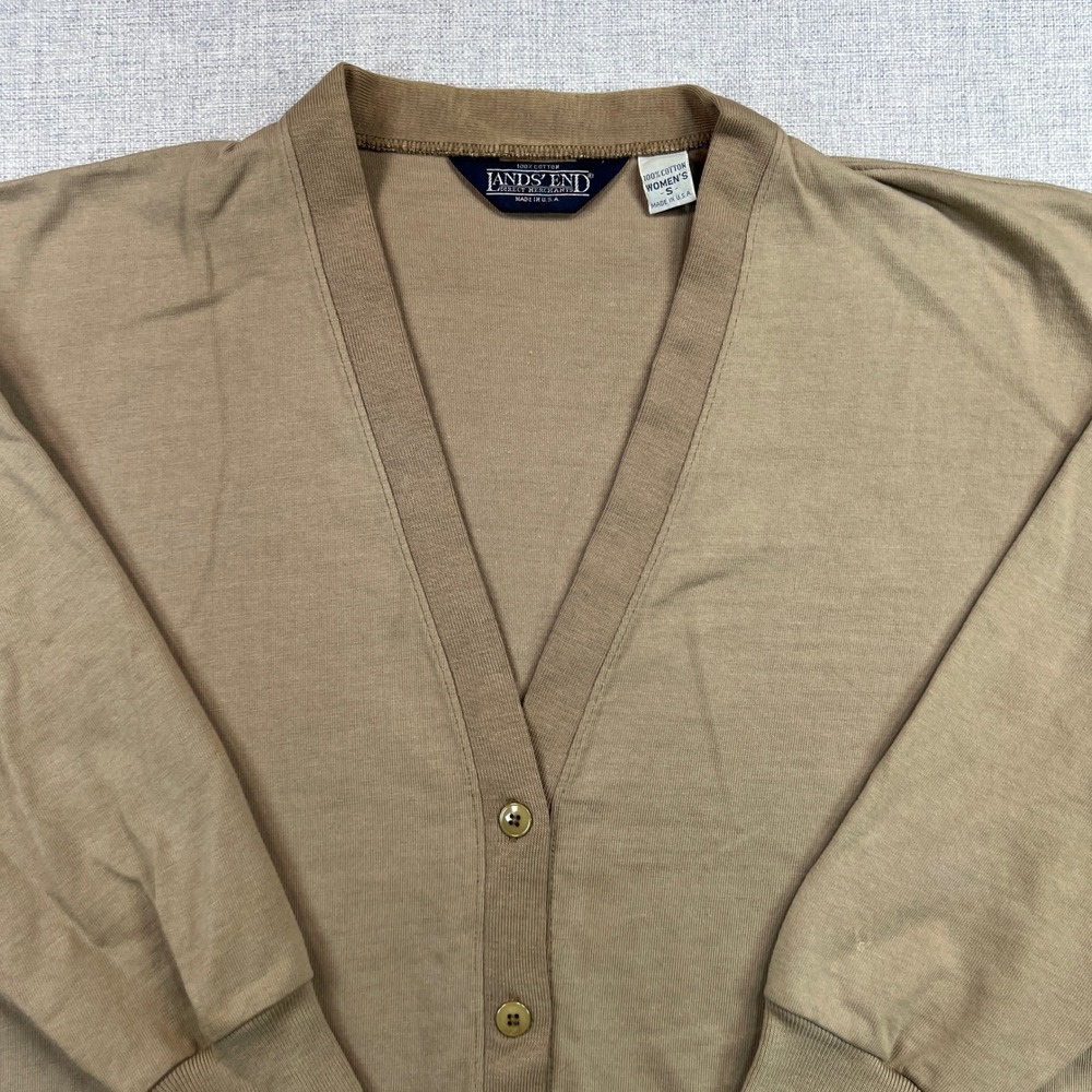 Vintage 90s Lands' End Tan Cotton Cardigan Women Small USA Made Lightweight Knit - Picture 2 of 8
